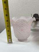 LEADED GLASS SHADE, LAMP BASE AND SATIN GLOBE