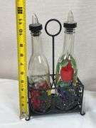 Hand-Painted Fruit Motif Glass Salad Bowls & Oil/Vinegar Bottle Set with Stand