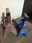 (2) shop brooms and (2) jack stands