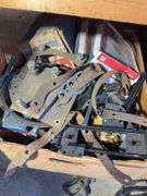 (2) shelves of vehicle-related items - sparkplugs, signs, and more