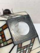 LEADED GLASS SHADE, LAMP BASE AND SATIN GLOBE