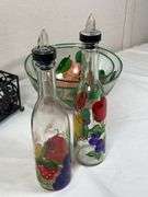 Hand-Painted Fruit Motif Glass Salad Bowls & Oil/Vinegar Bottle Set with Stand
