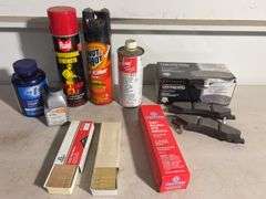 (2) Mostly full spray cans - Raid and ant killer, Silver brake pads, single edge blades and more -se