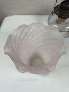 LEADED GLASS SHADE, LAMP BASE AND SATIN GLOBE