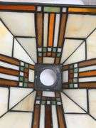 LEADED GLASS SHADE, LAMP BASE AND SATIN GLOBE