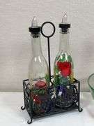 Hand-Painted Fruit Motif Glass Salad Bowls & Oil/Vinegar Bottle Set with Stand