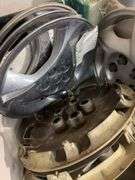 Large tote of hub caps and parts -Pontiac, Chrysler and more