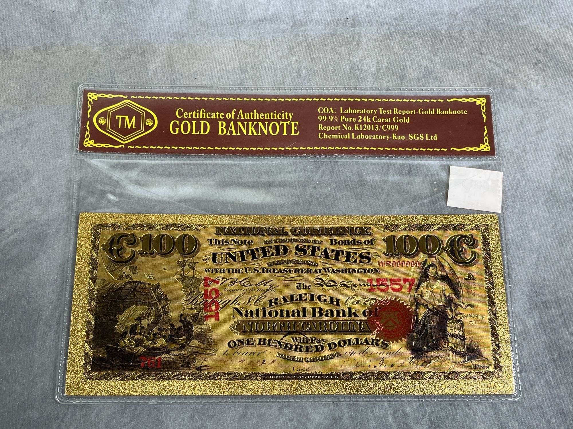 $100.00 24K “Raleigh National Bank of North Carolina” Gold Banknote