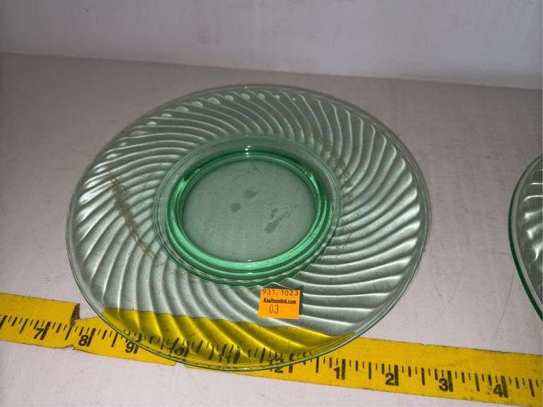 (2) Vintage Uranium Glass Plates and (1) Vintage Uranium Glass Serving Platter