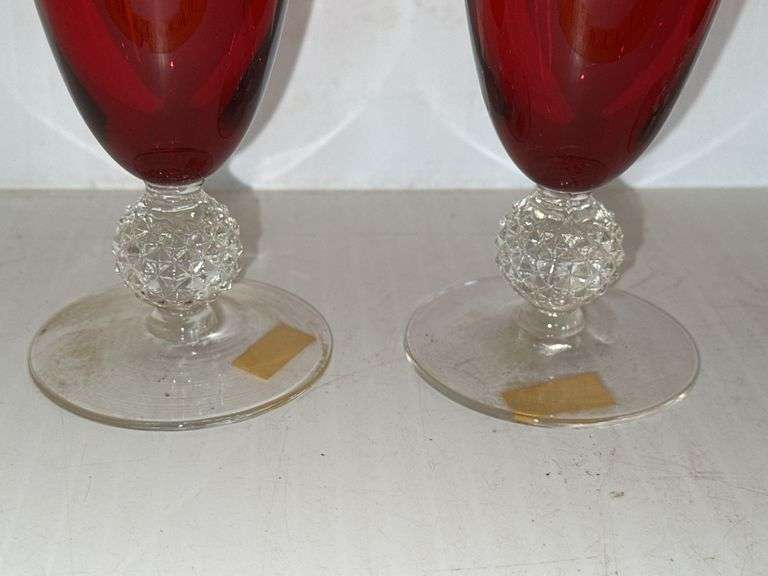 (4) Morgantown Glass Co. Ruby Red Golf Ball Footed 4 Ounce Juice Glasses and (1) Morgantown Glass Go