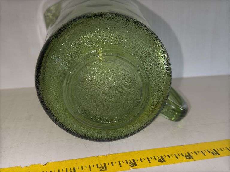 Hazel Atlas Eldorado Green Glass Pitcher and vintage Indiana Glass Pitcher in an Amber Swirl Pattern