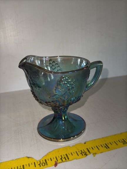 Carnival Glass Fruit Bowl, Indiana Glass Harvest and Grape Blue Carnival Pedestal Footed Creamer