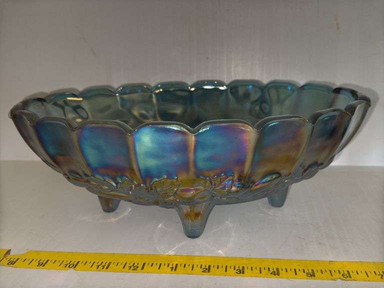 Carnival Glass Fruit Bowl, Indiana Glass Harvest and Grape Blue Carnival Pedestal Footed Creamer