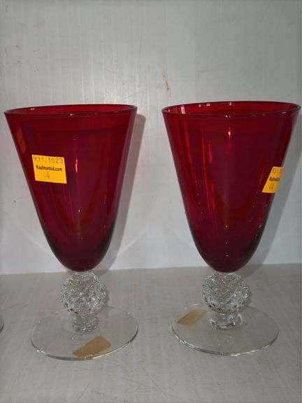 (4) Morgantown Glass Co. Ruby Red Golf Ball Footed 4 Ounce Juice Glasses and (1) Morgantown Glass Go