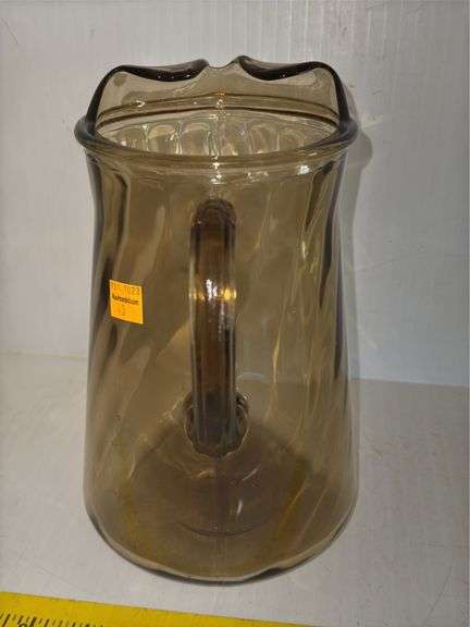 Hazel Atlas Eldorado Green Glass Pitcher and vintage Indiana Glass Pitcher in an Amber Swirl Pattern