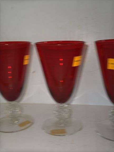 (4) Morgantown Glass Co. Ruby Red Golf Ball Footed 4 Ounce Juice Glasses and (1) Morgantown Glass Go