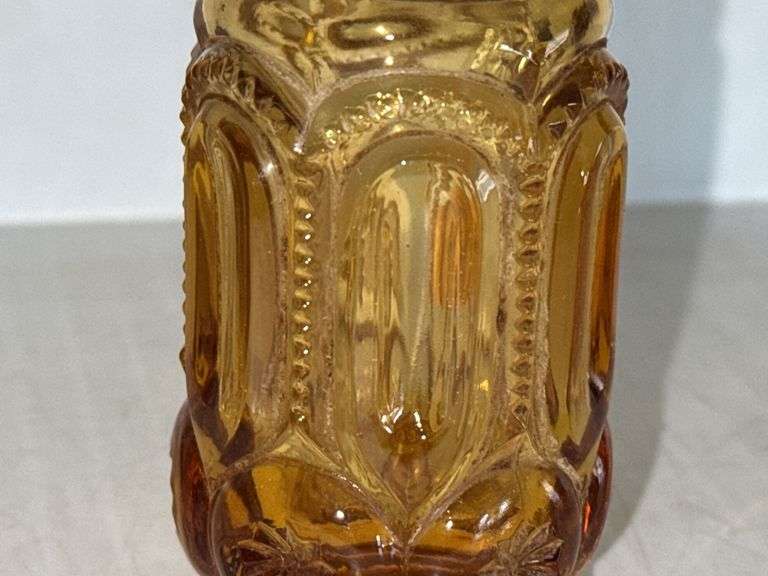 (2) L.E. Smith Glass Company Amber Glass Salt Shakers w/ Metal Lid