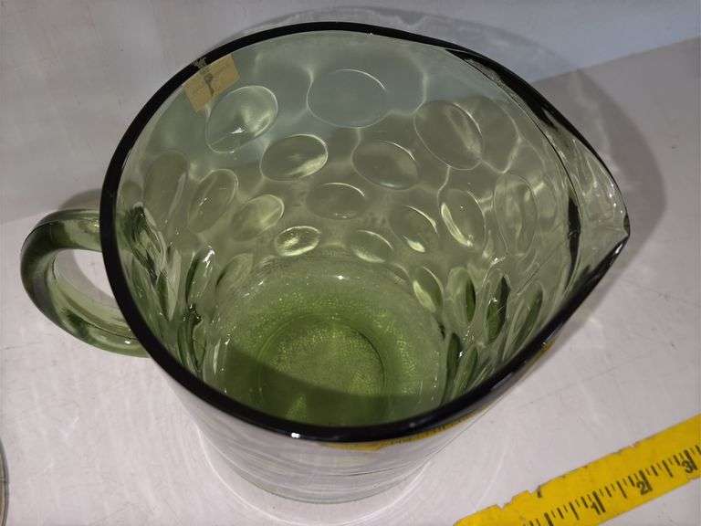 Hazel Atlas Eldorado Green Glass Pitcher and vintage Indiana Glass Pitcher in an Amber Swirl Pattern