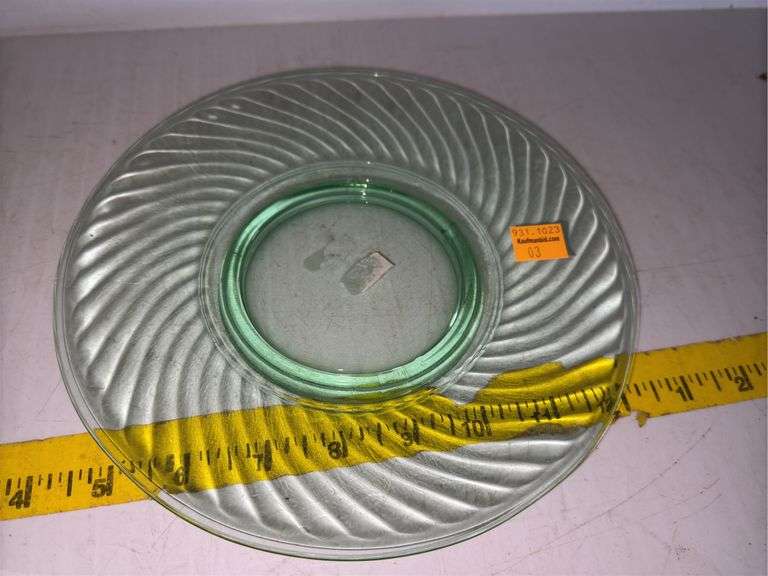 (2) Vintage Uranium Glass Plates and (1) Vintage Uranium Glass Serving Platter