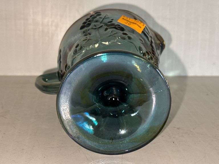 Carnival Glass Fruit Bowl, Indiana Glass Harvest and Grape Blue Carnival Pedestal Footed Creamer