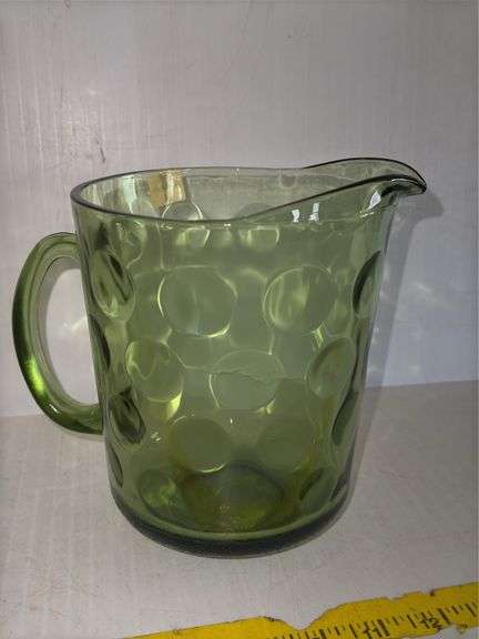 Hazel Atlas Eldorado Green Glass Pitcher and vintage Indiana Glass Pitcher in an Amber Swirl Pattern