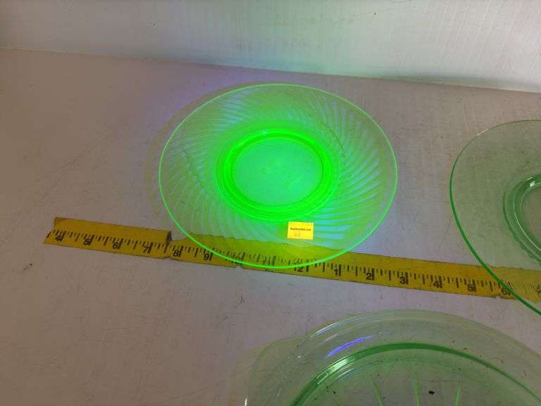 (2) Vintage Uranium Glass Plates and (1) Vintage Uranium Glass Serving Platter