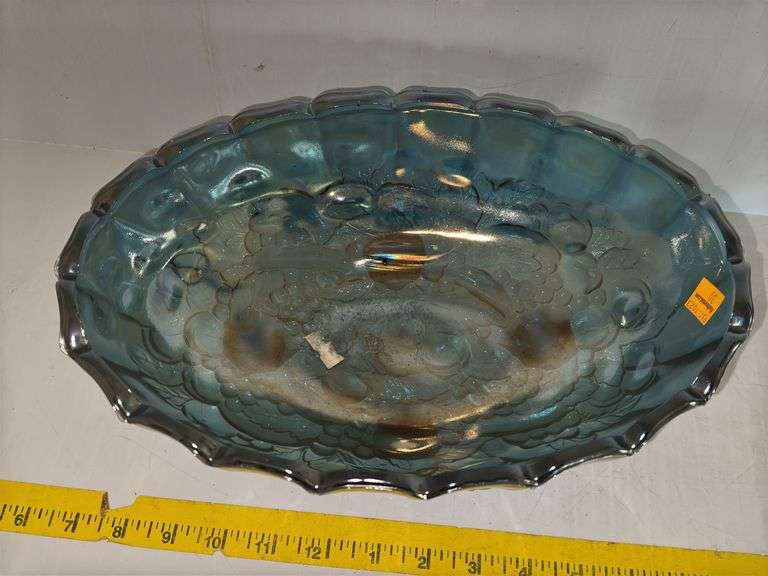 Carnival Glass Fruit Bowl, Indiana Glass Harvest and Grape Blue Carnival Pedestal Footed Creamer