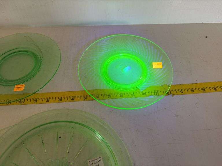 (2) Vintage Uranium Glass Plates and (1) Vintage Uranium Glass Serving Platter