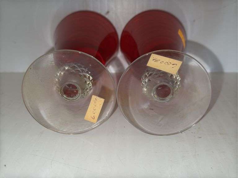 (4) Morgantown Glass Co. Ruby Red Golf Ball Footed 4 Ounce Juice Glasses and (1) Morgantown Glass Go