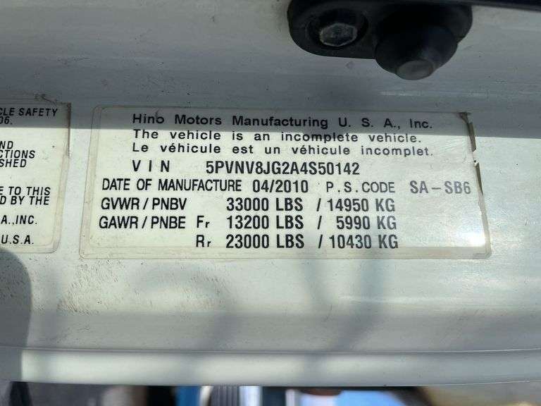 2010 Hino 338 Single Axle Dump Truck Vin# 5PVNV8JG2A4S50142