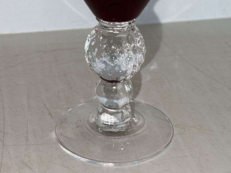 (4) Morgantown Glass Co. Ruby Red Golf Ball Footed 4 Ounce Juice Glasses and (1) Morgantown Glass Go