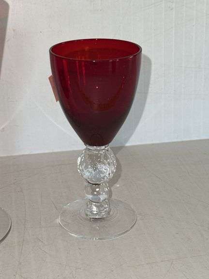 (4) Morgantown Glass Co. Ruby Red Golf Ball Footed 4 Ounce Juice Glasses and (1) Morgantown Glass Go