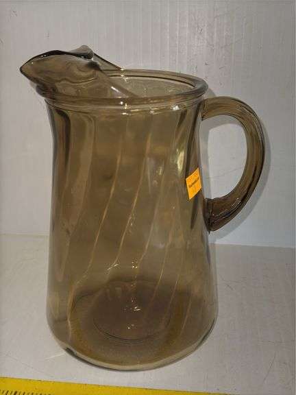 Hazel Atlas Eldorado Green Glass Pitcher and vintage Indiana Glass Pitcher in an Amber Swirl Pattern