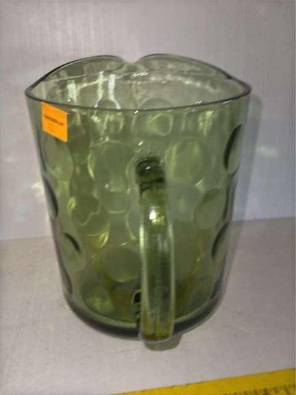 Hazel Atlas Eldorado Green Glass Pitcher and vintage Indiana Glass Pitcher in an Amber Swirl Pattern