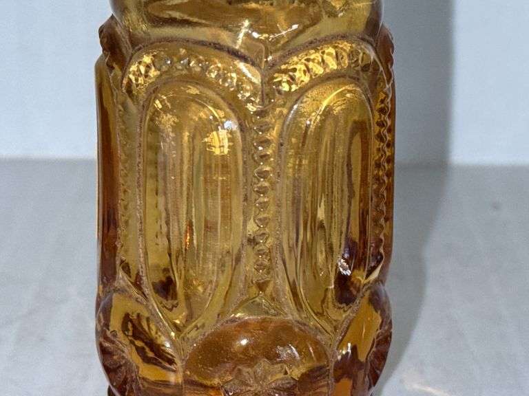 (2) L.E. Smith Glass Company Amber Glass Salt Shakers w/ Metal Lid