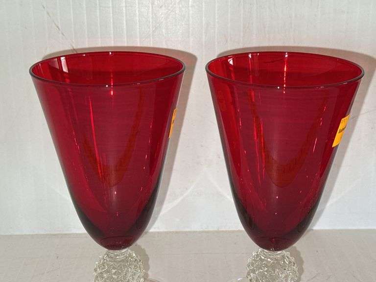 (4) Morgantown Glass Co. Ruby Red Golf Ball Footed 4 Ounce Juice Glasses and (1) Morgantown Glass Go