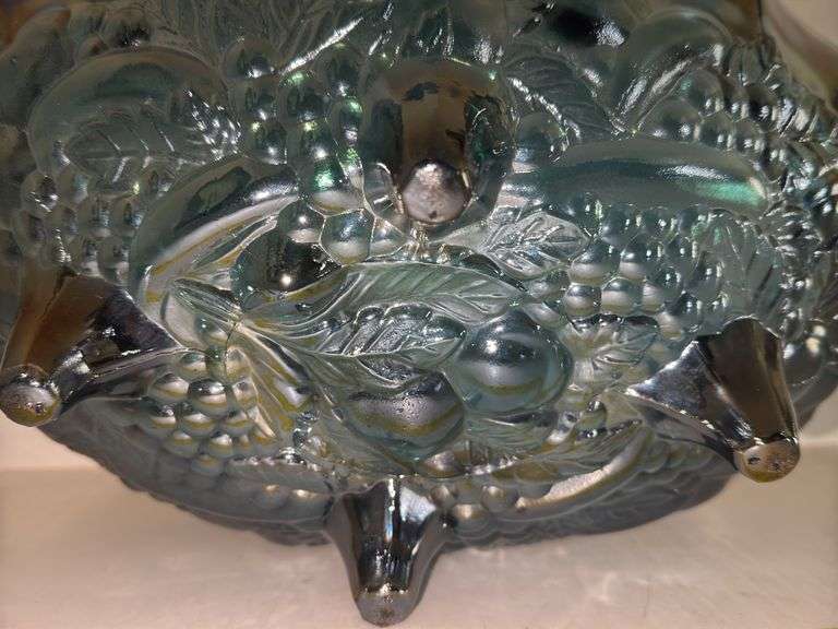 Carnival Glass Fruit Bowl, Indiana Glass Harvest and Grape Blue Carnival Pedestal Footed Creamer