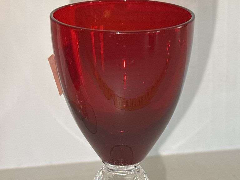 (4) Morgantown Glass Co. Ruby Red Golf Ball Footed 4 Ounce Juice Glasses and (1) Morgantown Glass Go
