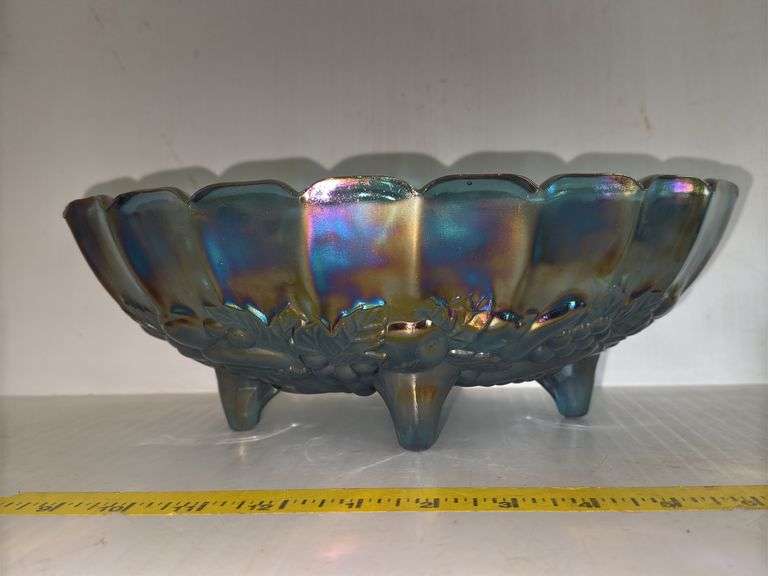 Carnival Glass Fruit Bowl, Indiana Glass Harvest and Grape Blue Carnival Pedestal Footed Creamer