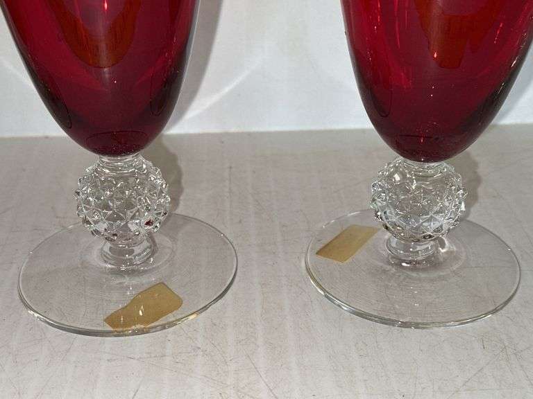 (4) Morgantown Glass Co. Ruby Red Golf Ball Footed 4 Ounce Juice Glasses and (1) Morgantown Glass Go