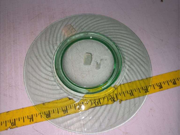 (2) Vintage Uranium Glass Plates and (1) Vintage Uranium Glass Serving Platter