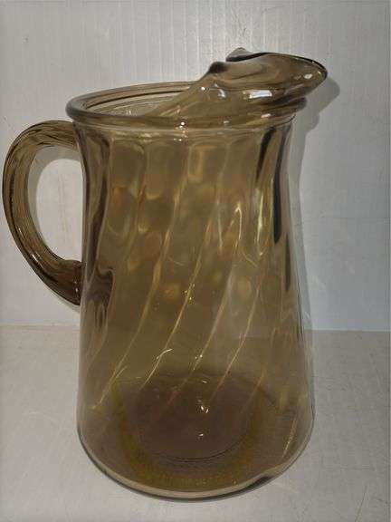 Hazel Atlas Eldorado Green Glass Pitcher and vintage Indiana Glass Pitcher in an Amber Swirl Pattern