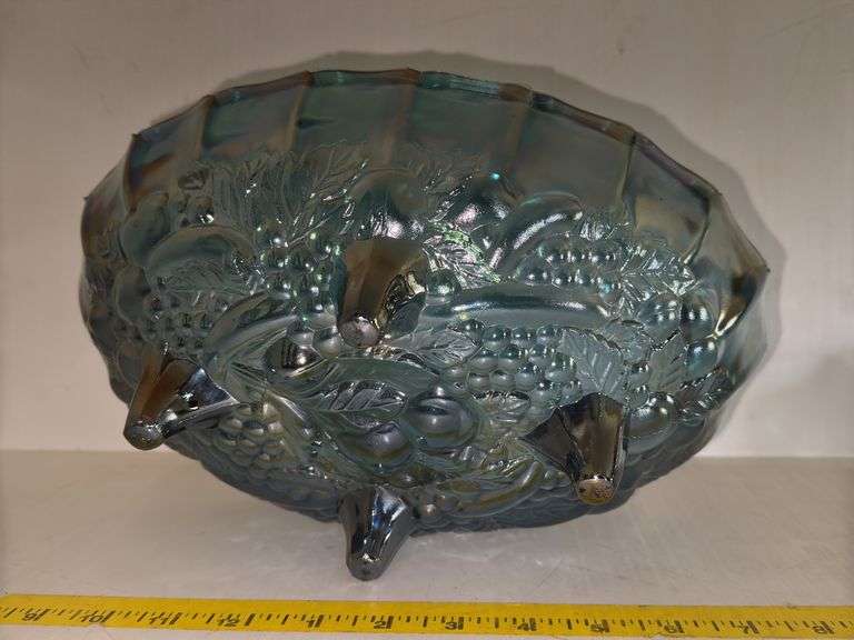 Carnival Glass Fruit Bowl, Indiana Glass Harvest and Grape Blue Carnival Pedestal Footed Creamer