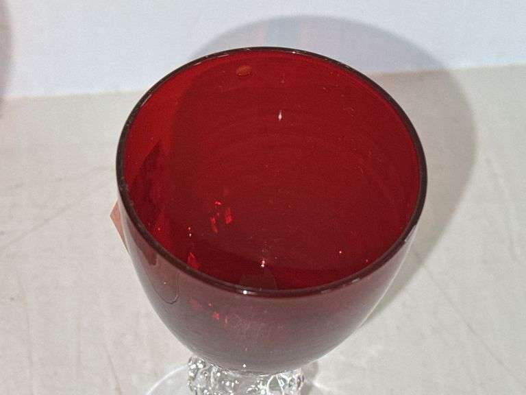 (4) Morgantown Glass Co. Ruby Red Golf Ball Footed 4 Ounce Juice Glasses and (1) Morgantown Glass Go