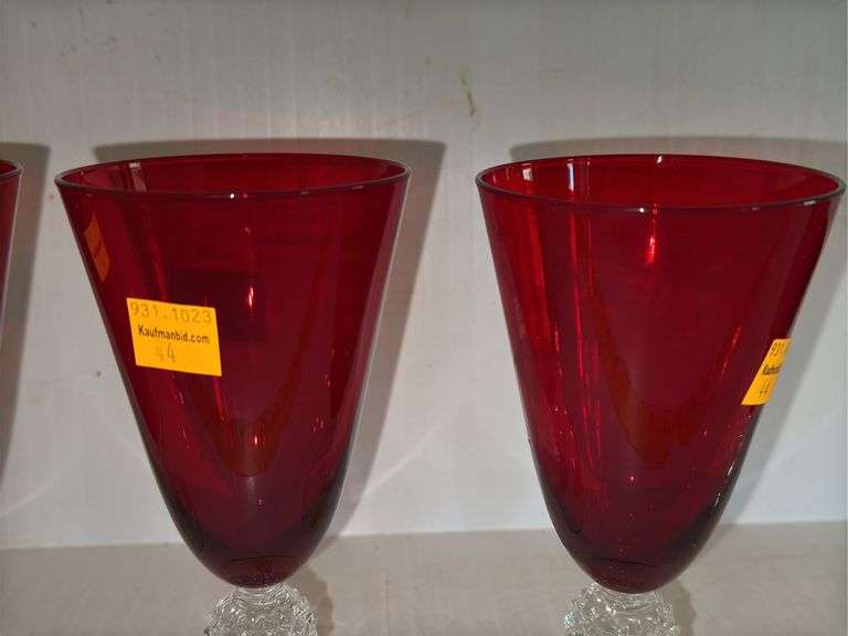 (4) Morgantown Glass Co. Ruby Red Golf Ball Footed 4 Ounce Juice Glasses and (1) Morgantown Glass Go