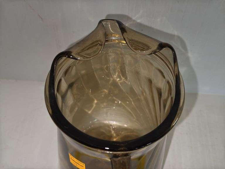 Hazel Atlas Eldorado Green Glass Pitcher and vintage Indiana Glass Pitcher in an Amber Swirl Pattern