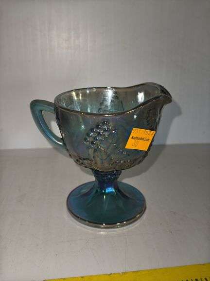 Carnival Glass Fruit Bowl, Indiana Glass Harvest and Grape Blue Carnival Pedestal Footed Creamer