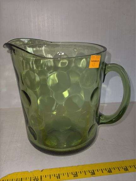 Hazel Atlas Eldorado Green Glass Pitcher and vintage Indiana Glass Pitcher in an Amber Swirl Pattern