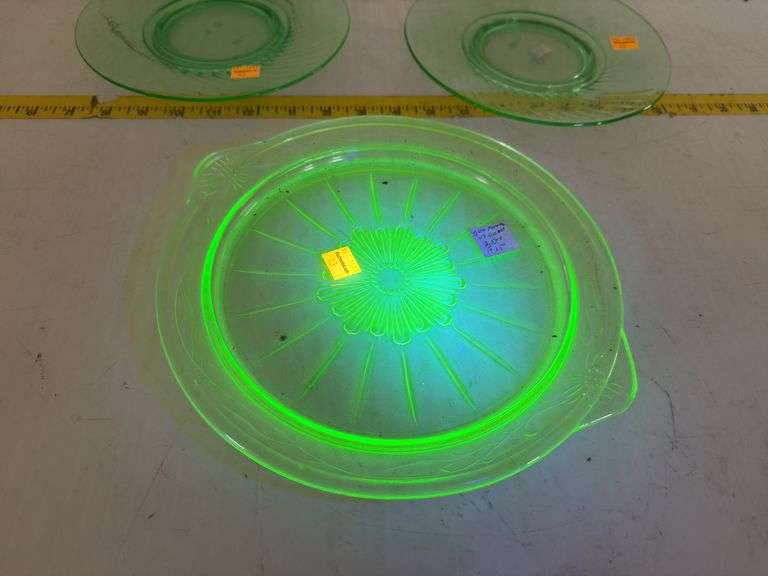 (2) Vintage Uranium Glass Plates and (1) Vintage Uranium Glass Serving Platter