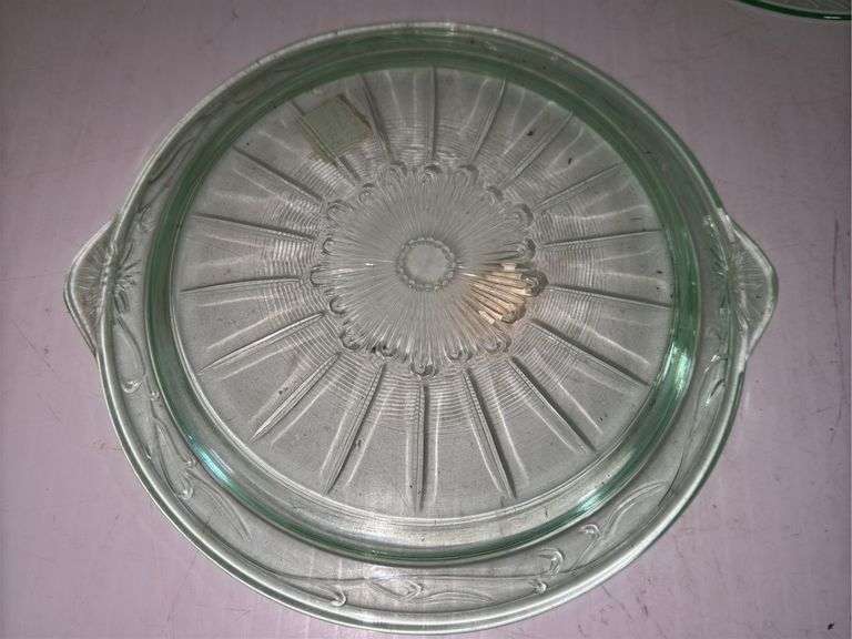 (2) Vintage Uranium Glass Plates and (1) Vintage Uranium Glass Serving Platter